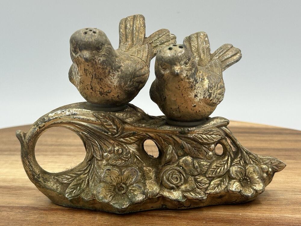 Vintage Silver Plated Salt & Pepper Shaker Set Love Birds Perched on Branch EC